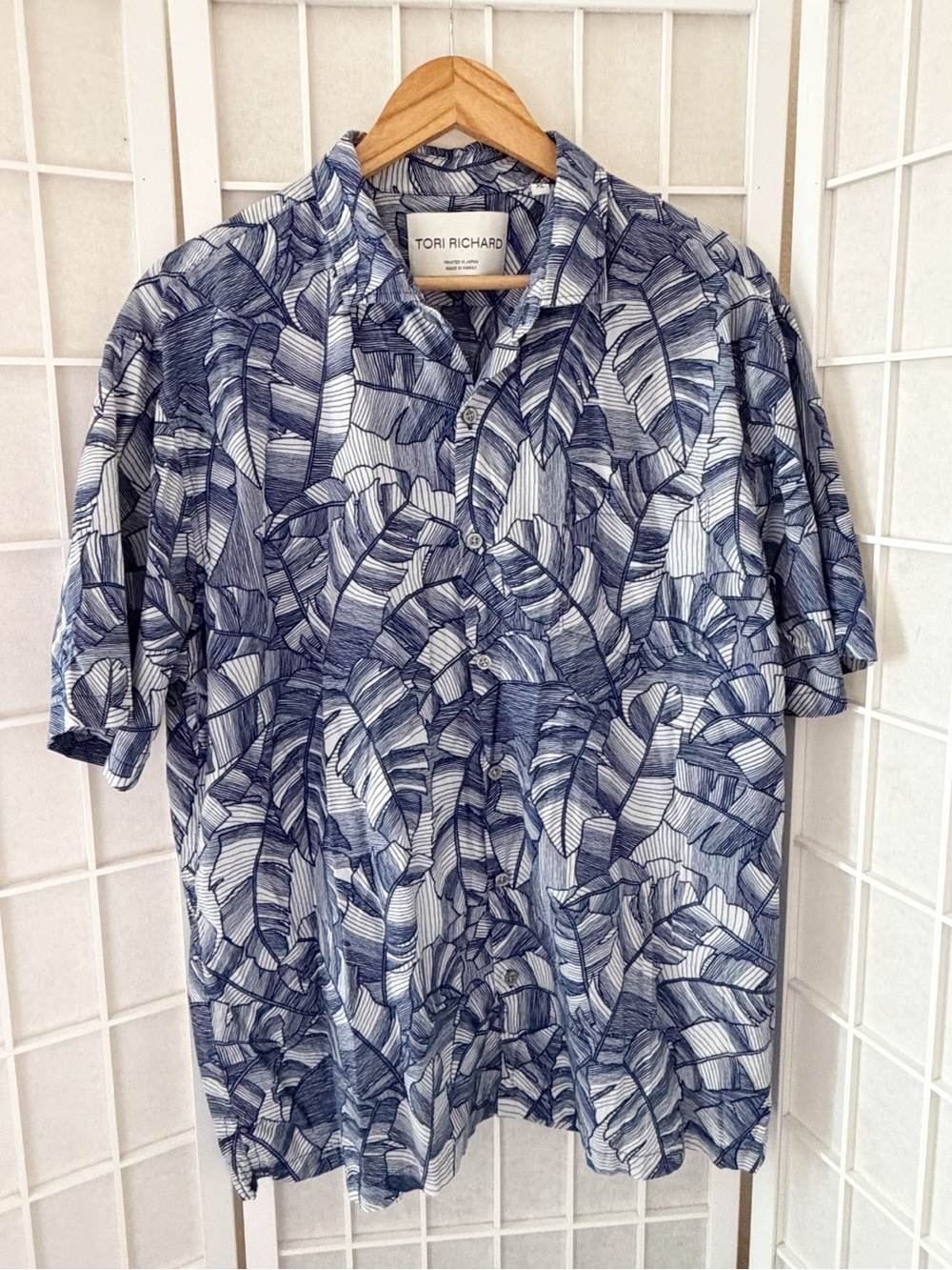 Tori Richard Blue Tropical Leaf Print Aloha Hawaiian Button Down Shirt XL